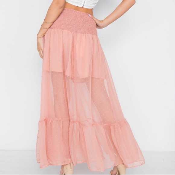 NUDE SMOCKED HIGH-WAIST SHEER MAXI SKIRT - Picture 3 of 3